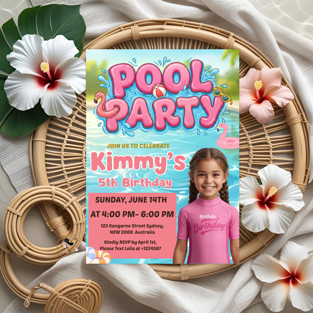 Kids Pool Party Birthday Invitation with Photo, Tropical Summer Splash Party Invite, Girl Splish Splash Invite, Editable Canva Template