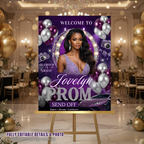 Purple Silver Prom Send Off Welcome Party Sign, Prom Queen Poster Sign with photo Entrance Board Sign Senior Junior Night Printable Template
