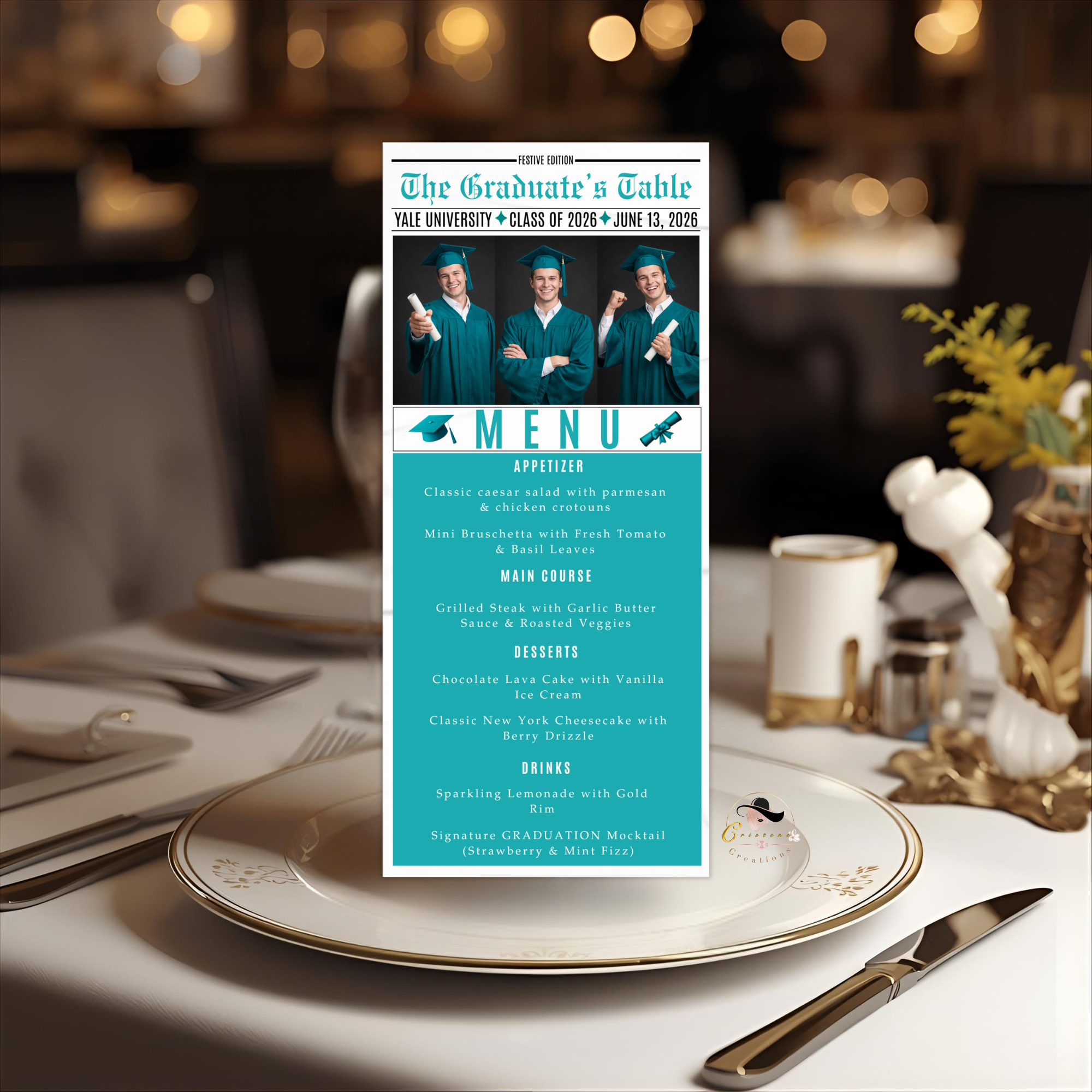 Teal Graduation Newspaper Menu Template with Photo, Senior Grad Party Dinner Menu for High School College, Girl Boy Canva Printable Card