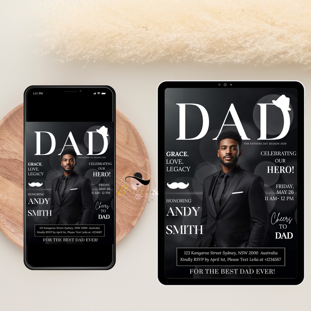 Father’s Day Invitation Magazine Style with Photo, Suit and Tie Dad Party Invite, Brunch or Dinner Invite, Canva Printable Digital Template
