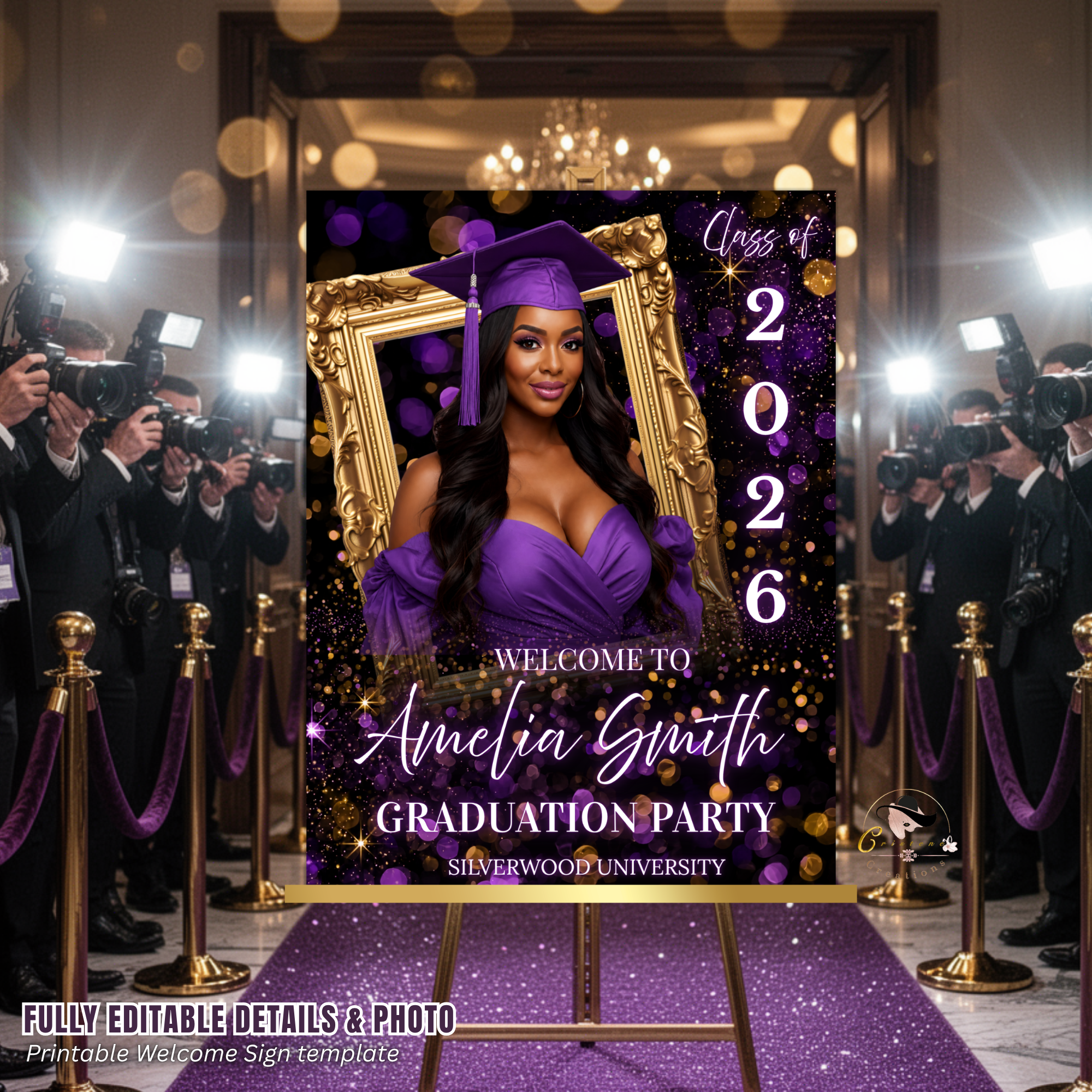 Purple Graduation Welcome Sign with Photo, Class of 2026 Senior Grad Party Sign for Him and Her, High School College Editable Canva Template