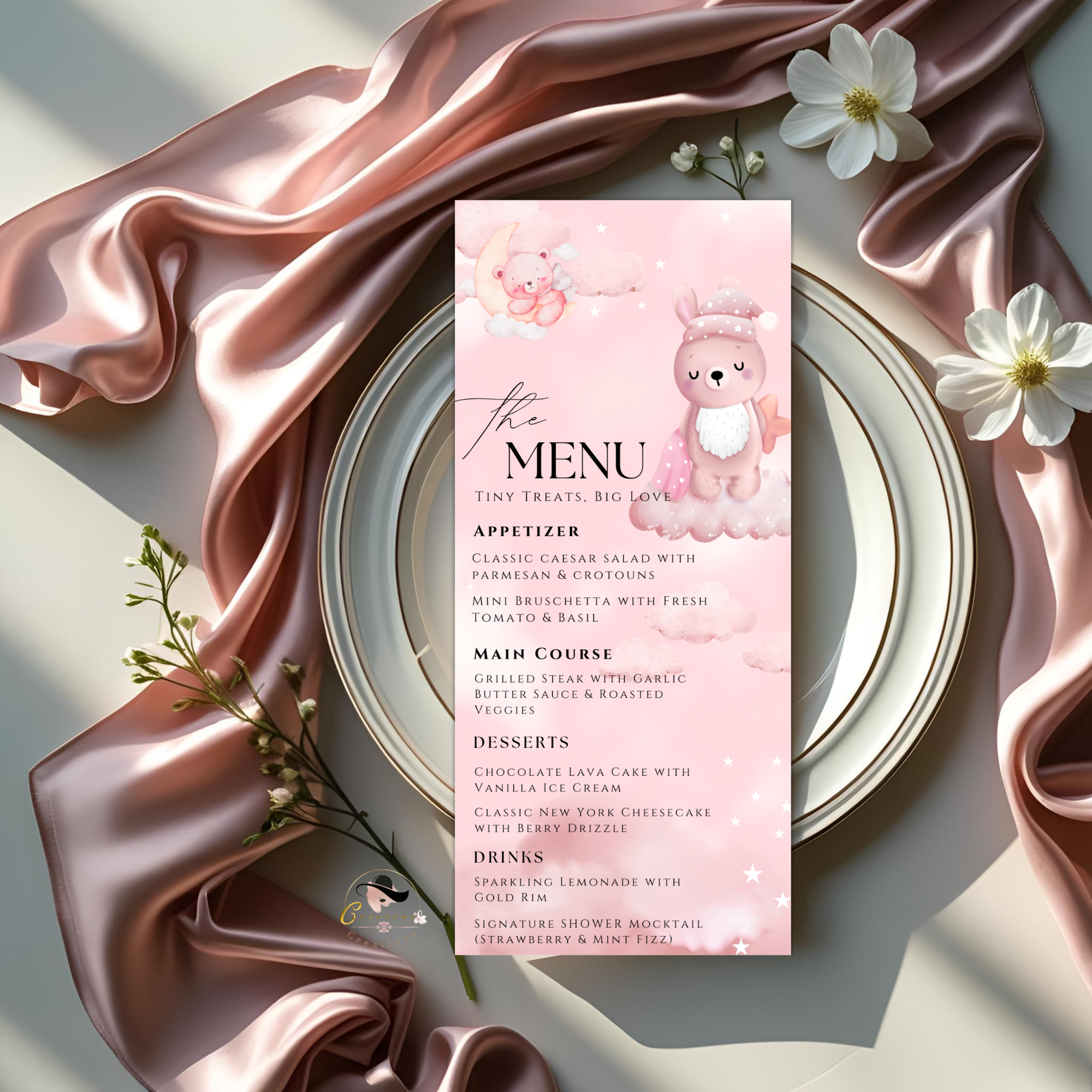 Baby Shower Menu and Program Template, Pink Cloud 9 Baby Shower, Baby Girl Theme, Timeline Schedule, Menu Card Editable Canva Printable