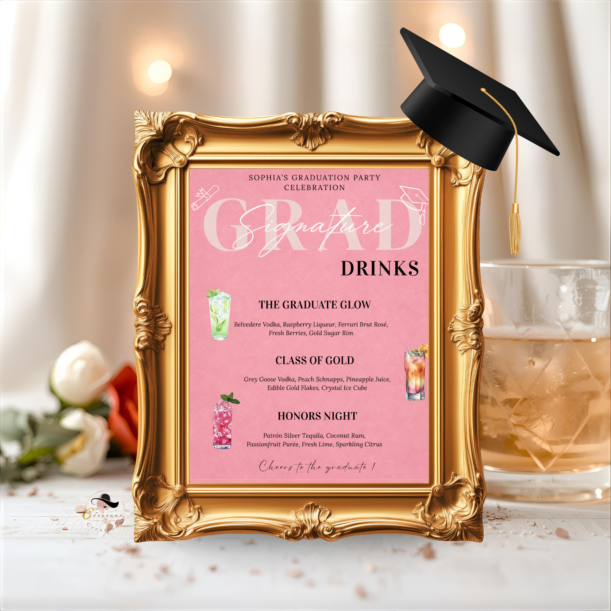 Pink Graduation Signature Drinks Menu Sign, Senior Grad Bar Menu Template for Her, Nurse Cocktail Menu, Class of 2026 Canva Printable