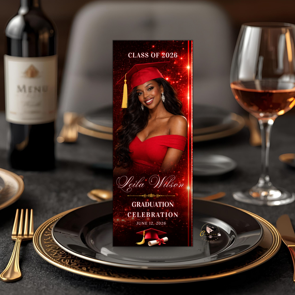Red Graduation Menu Template with Photo, Class of 2026 Menu Card, Elegant Senior Grad Party Menu for Him and Her, Editable Canva Printable
