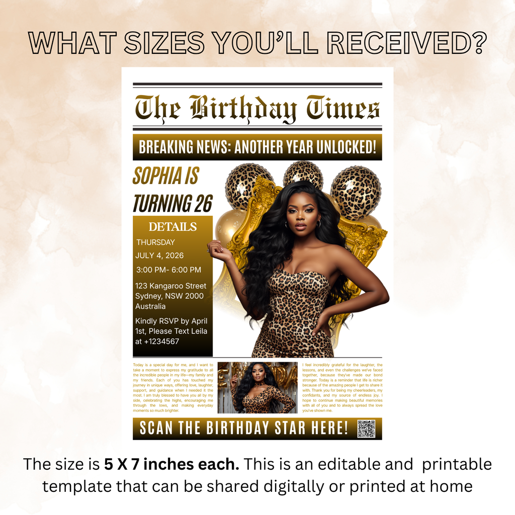 Leopard Print Newspaper Birthday Invitation with Photo, Birthday Dinner and Brunch Party Invite, Cheetah Print Editable Canva Template
