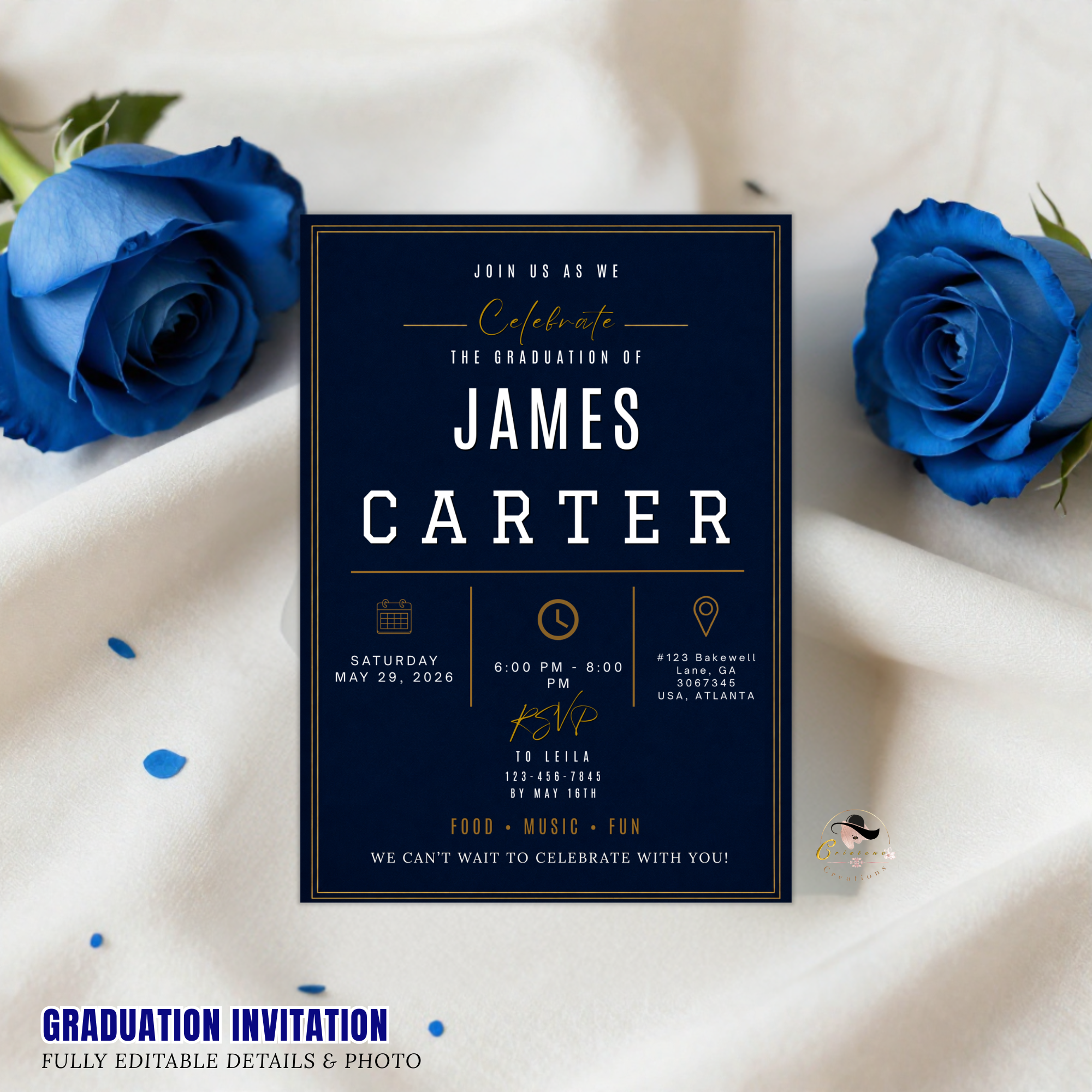 Blue Graduation Announcement Invitation with Photo for Him, Class of 2026 High School College Grad Party Invite, Printable Template