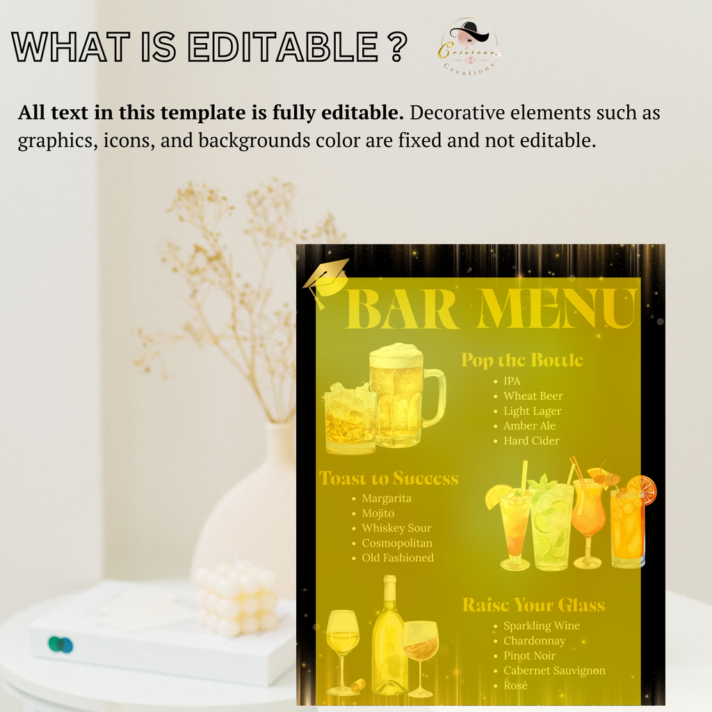 Graduation Bar Menu Template, Editable Drink Menu, Class of 2026 Cocktail Menu, Custom Grad Party Menu, Canva Printable