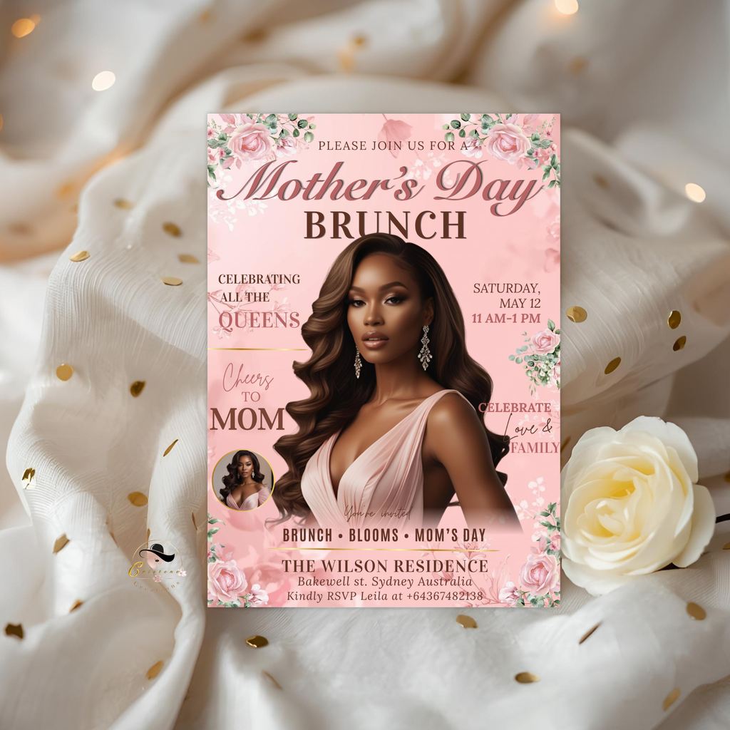 Pink Mother's Day Invitation, Floral Mom Brunch with photo invite, Mommy Party Card, Magazine Style Flyer, Digital Printable Template