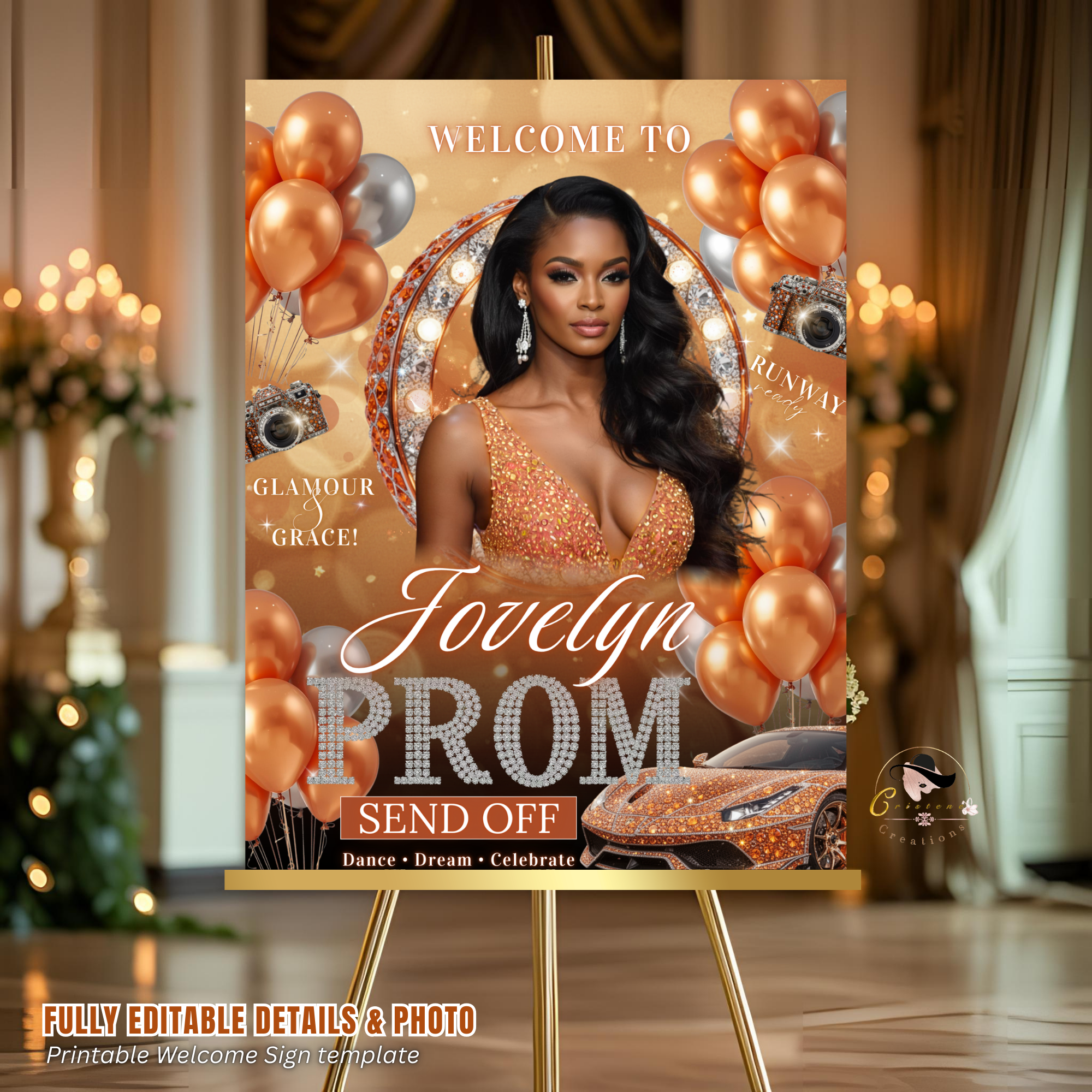 Orange Prom Send Off Welcome Party Sign, Prom Queen Poster Sign with photo, Elegant Party Board Sign, Senior Junior Night Printable Template