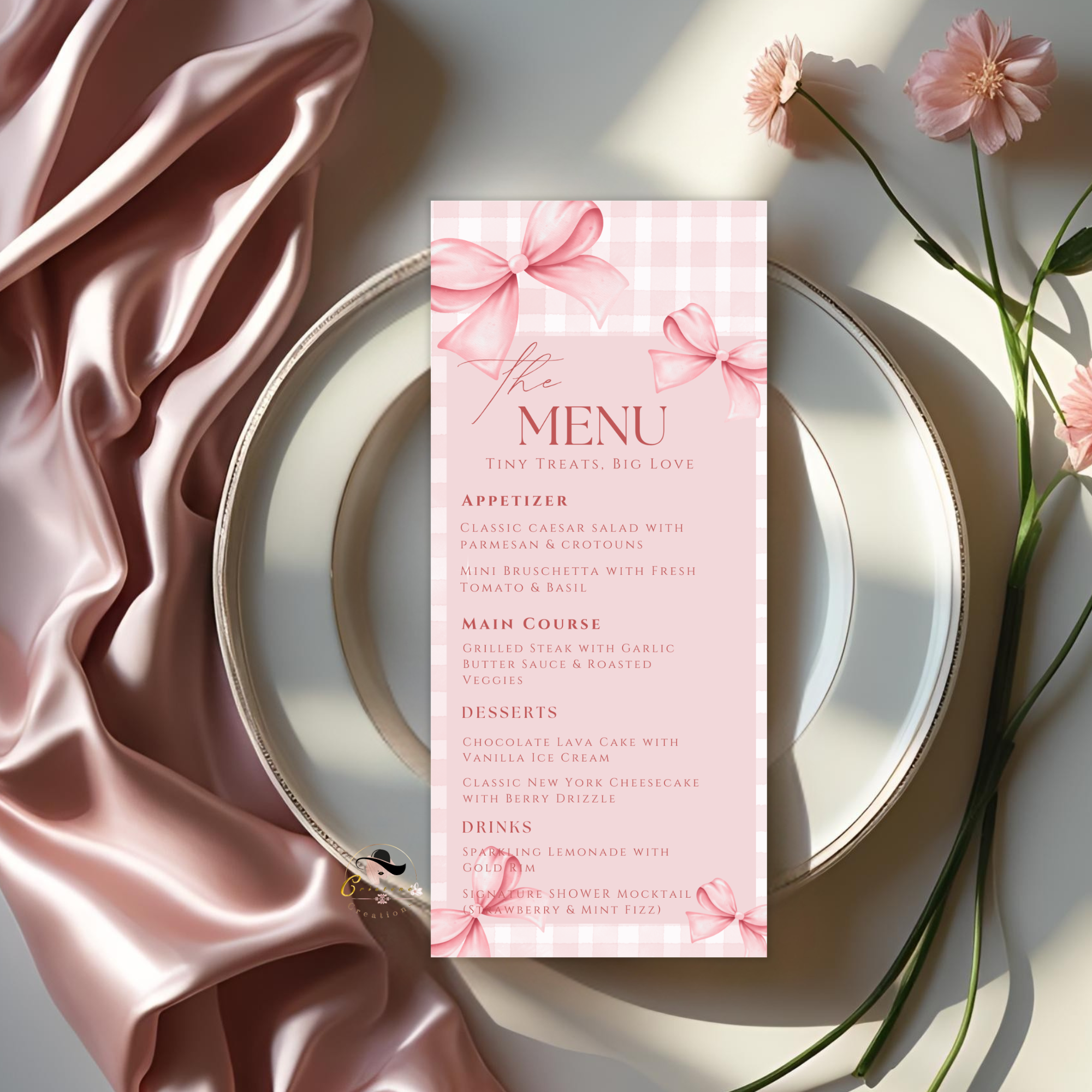 Baby Shower Menu and Program Template, Pink Bow Coquette Baby Girl Shower Itinerary Card, Baby Party Menu, Editable Canva Printable