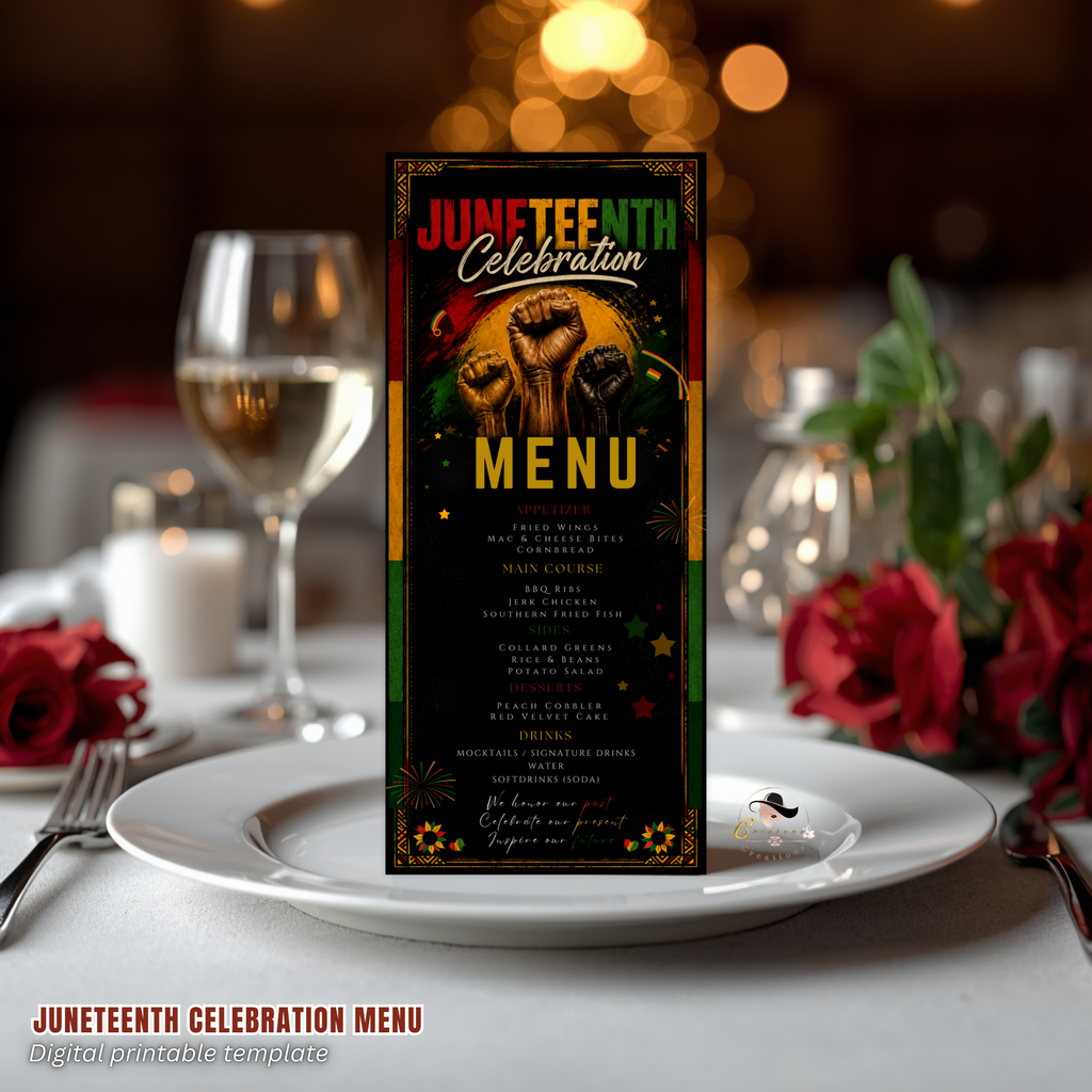 Juneteenth Party Menu Template, June 19th Black Freedom Day BBQ Cookout Menu, Jubilee Day Dinner Menu Card, Printable Digital Canva Template