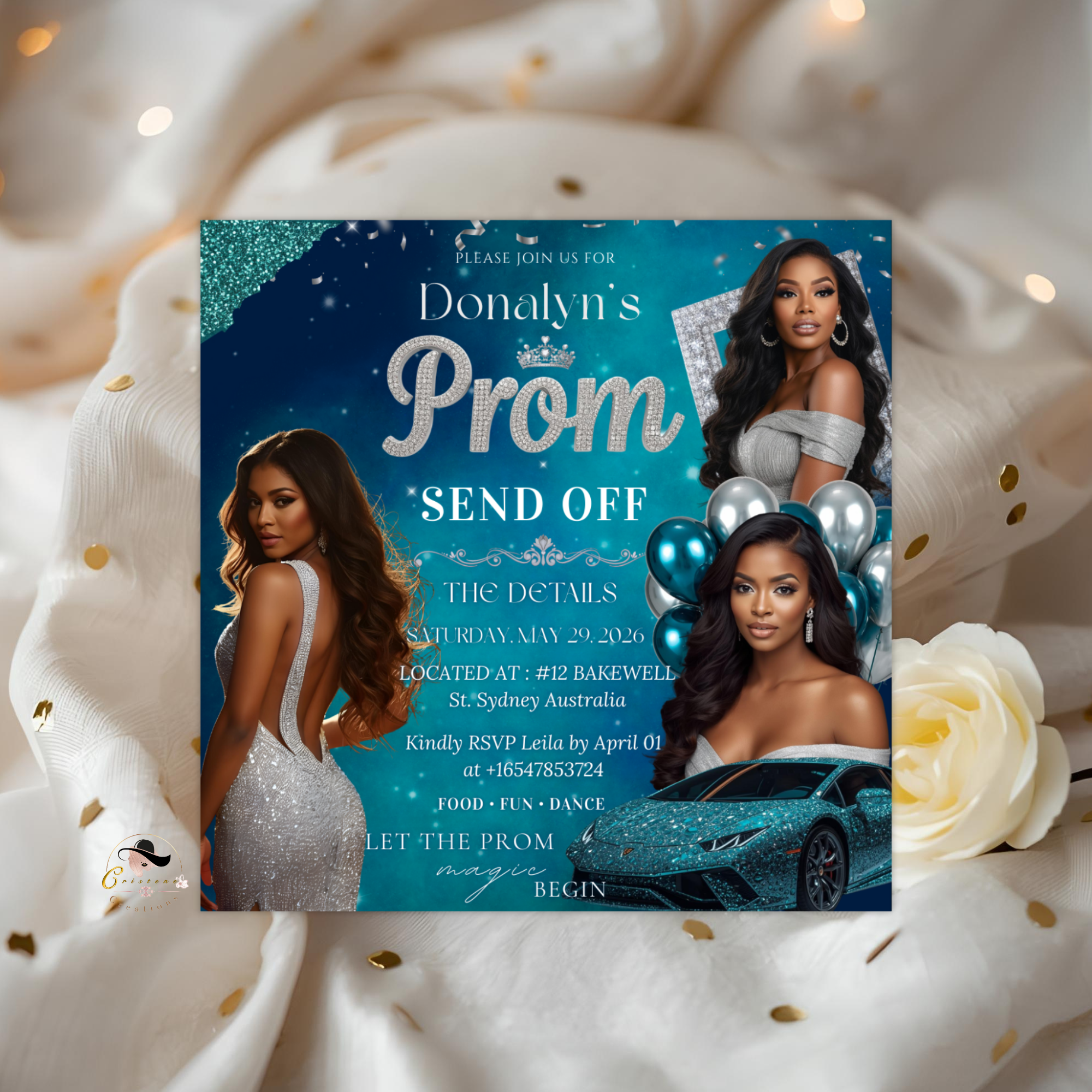 Prom Send Off Invitation, Prom Queen Party with photo invite, Girls Prom Night Flyer, Teal Silver Diamond Theme, Digital Printable Template