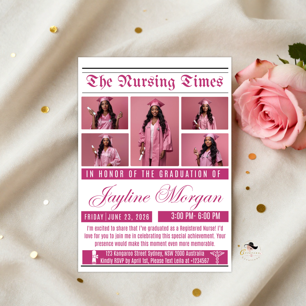 Nursing Graduation Invitation Newspaper Style with Photo, RN BSN LPN Pinning Ceremony Invite, Pink Nurse Grad Invite Editable Canva Template