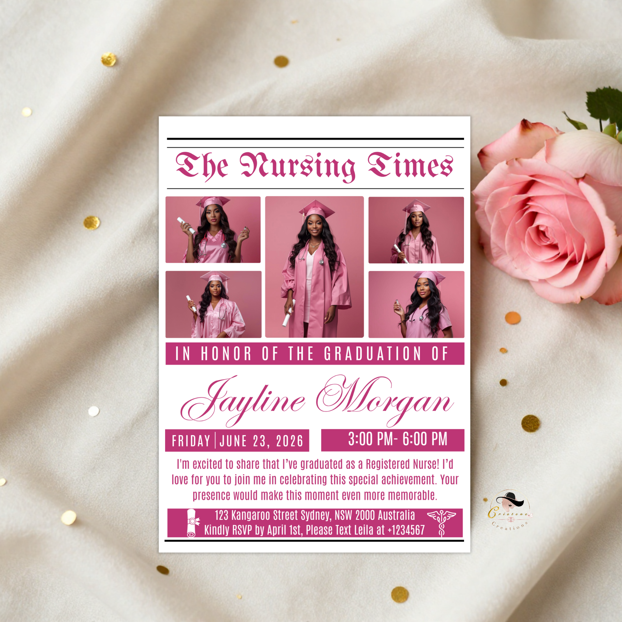 Nursing Graduation Invitation Newspaper Style with Photo, RN BSN LPN Pinning Ceremony Invite, Pink Nurse Grad Invite Editable Canva Template