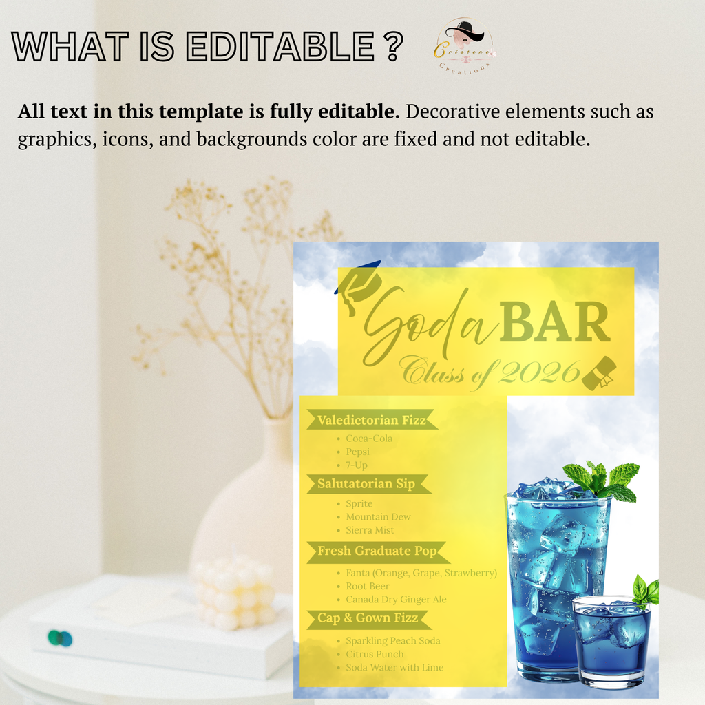 Graduation Soda Bar Menu, Editable Custom Soda Sign Template, Graduation Party Decor, Class of 2026 Grad Drink Station, Printable Template