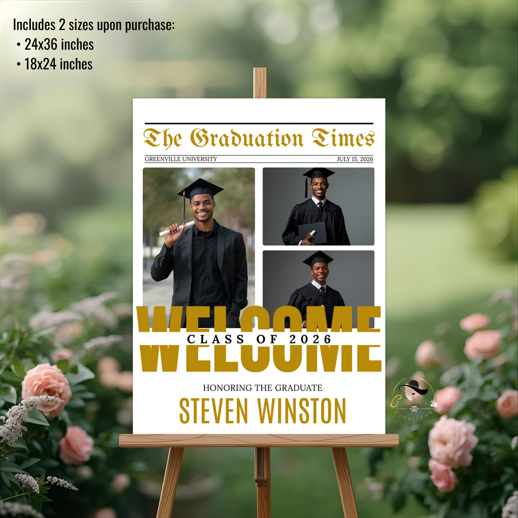 Newspaper Graduation Welcome Party Sign, Boy Senior Grad Announcement Sign with photo, 2026 High School Graduates Sign, Printable Template