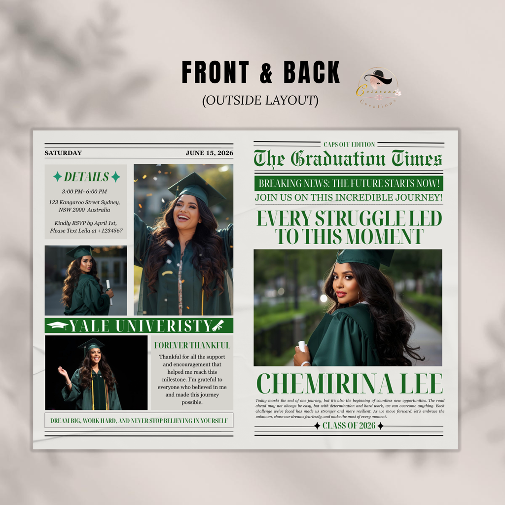 Class of 2026 Graduation Newspaper Template with Photo, Green Grad Announcement for Boys and Girls, Canva Editable Digital Printable