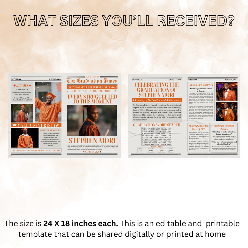 Orange Graduation Announcement Newspaper Template with Photo, Class of 2026 Grad Party for Boys and Girls, Editable Canva Digital Printable