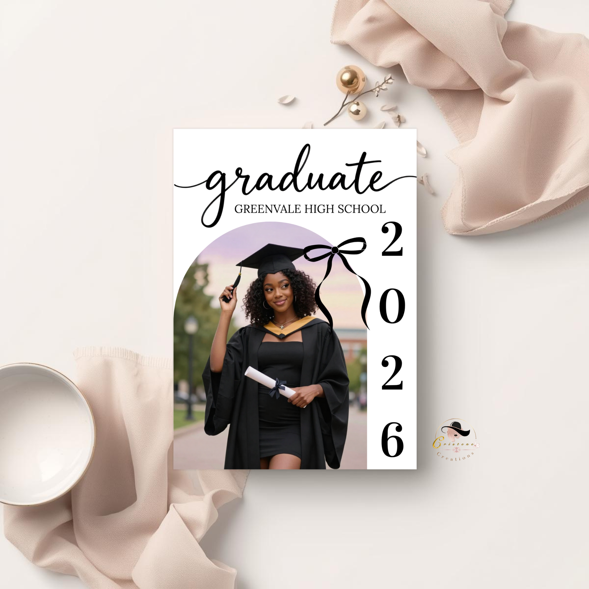 Coquette Graduation Invitation 2026, Woman Senior Grad Party Announcement with photo invite, Bow Theme College Graduates Printable Template