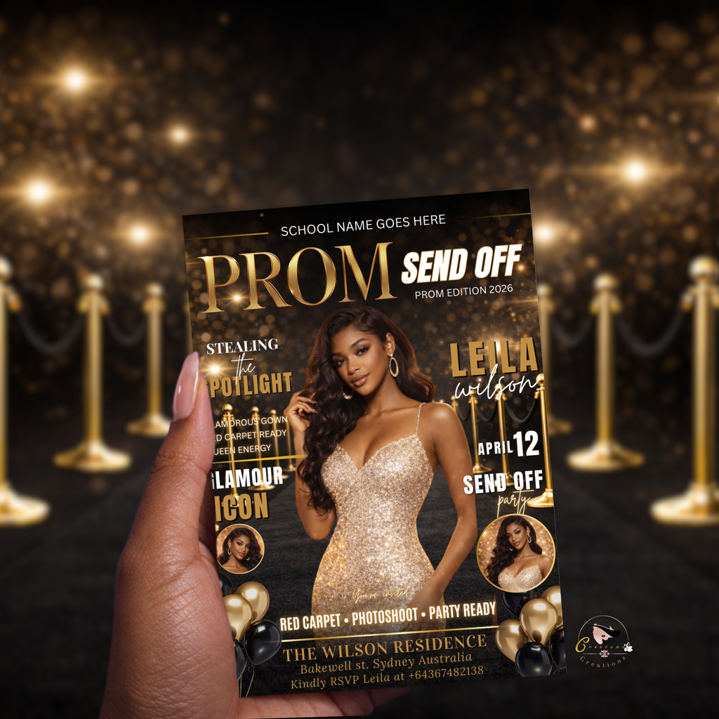 Black Gold Prom Send Off Invitation, Prom Queen with photo invite, Girls Prom Night Party Flyer, Magazine Cover, Digital Printable Template