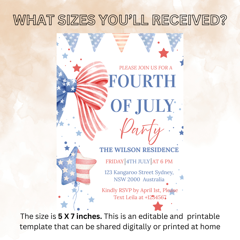 Bow 4th of July Invitation, Fourth of July BBQ invite, USA Independence day, Patriotic Invite, Red White Blue, Digital Printable template