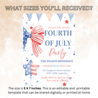 Bow 4th of July Invitation, Fourth of July BBQ invite, USA Independence day, Patriotic Invite, Red White Blue, Digital Printable template