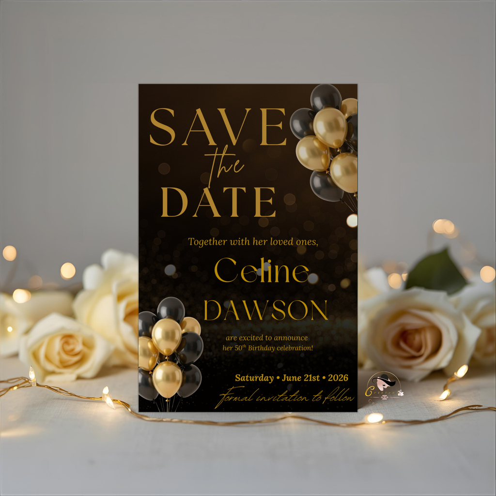 Black Gold Save the Date Invitation, Birthday Party Save Date invite, Retirement Event Card, Elegant Printable Canva Digital Template