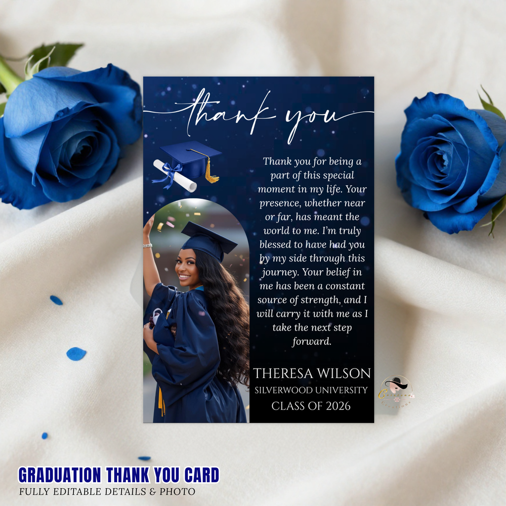 Blue Graduation Thank You Card with photo, Class of 2026 Grad Party Thank You Note For Him and Her, Editable Printable Digital Template