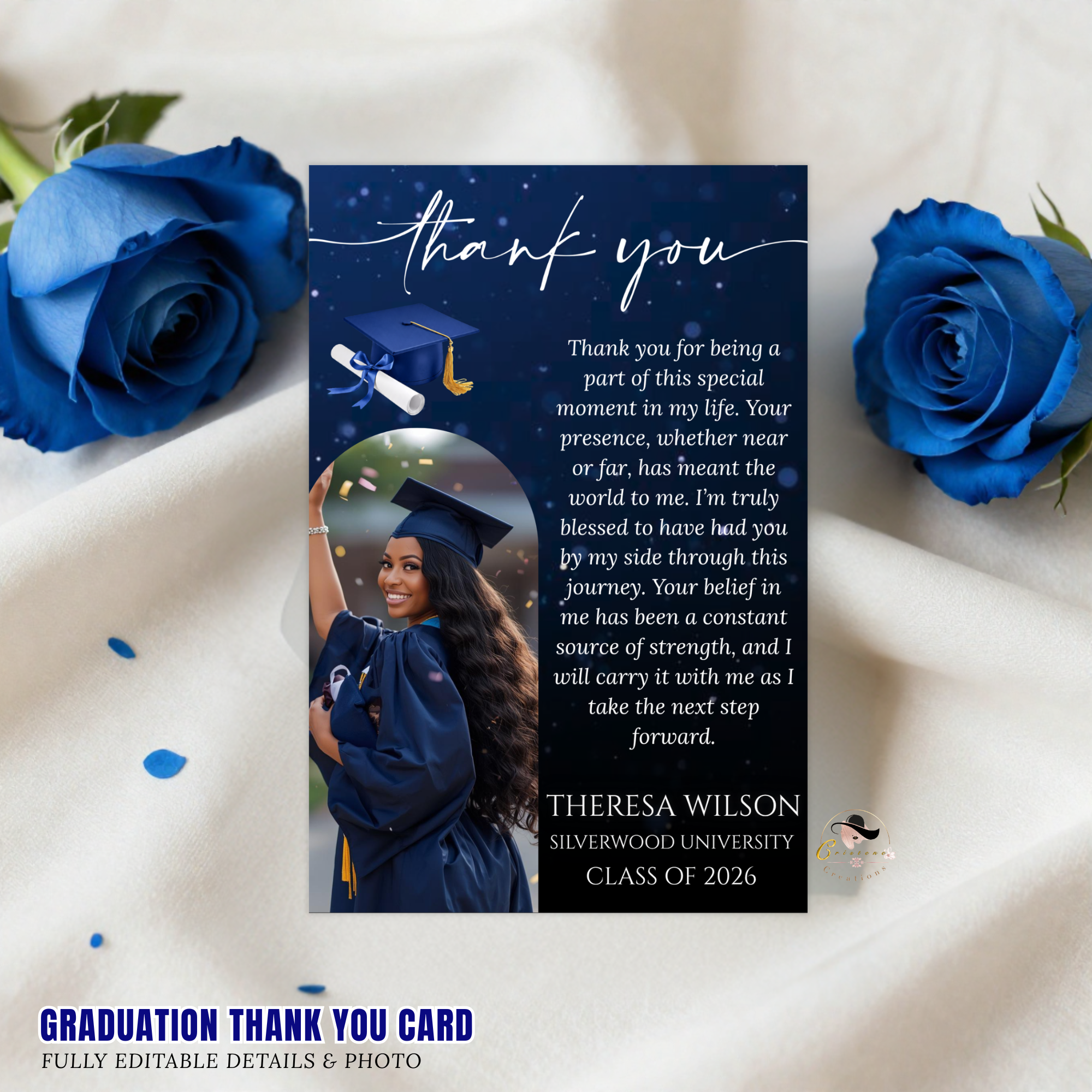 Blue Graduation Thank You Card with photo, Class of 2026 Grad Party Thank You Note For Him and Her, Editable Printable Digital Template