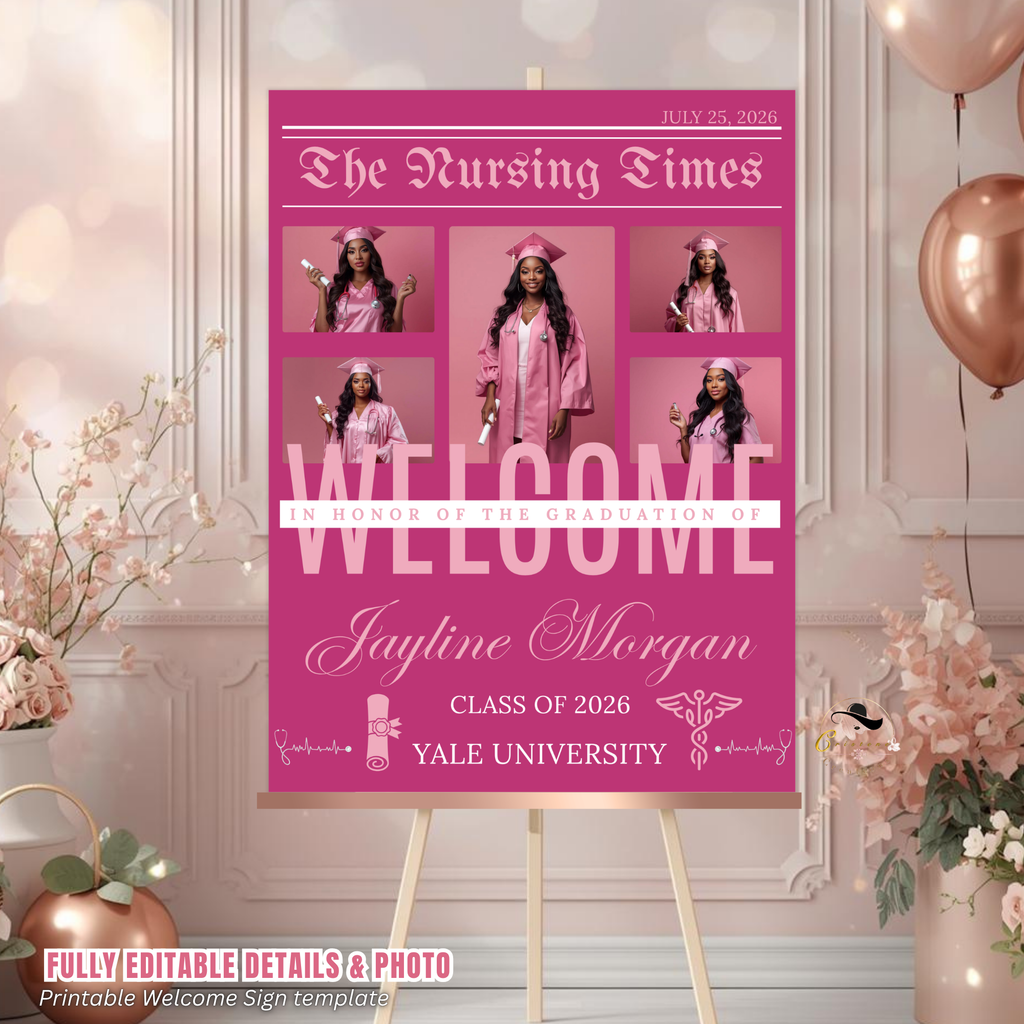 Pink Nursing Graduation Welcome Sign, Newspaper Style with Photo, RN BSN LPN Pinning Ceremony, Nurse Poster Board Sign, Printable Template