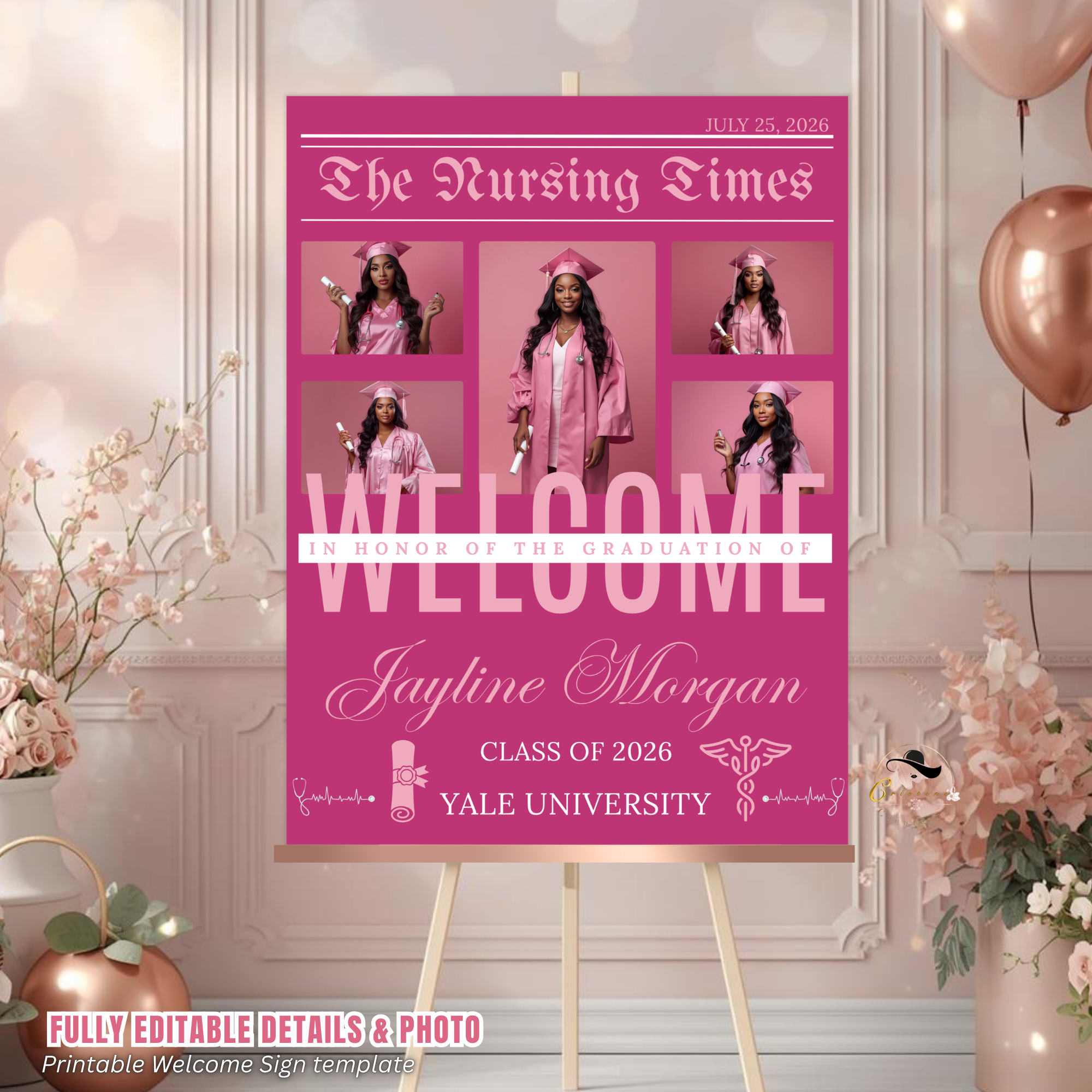 Pink Nursing Graduation Welcome Sign, Newspaper Style with Photo, RN BSN LPN Pinning Ceremony, Nurse Poster Board Sign, Printable Template