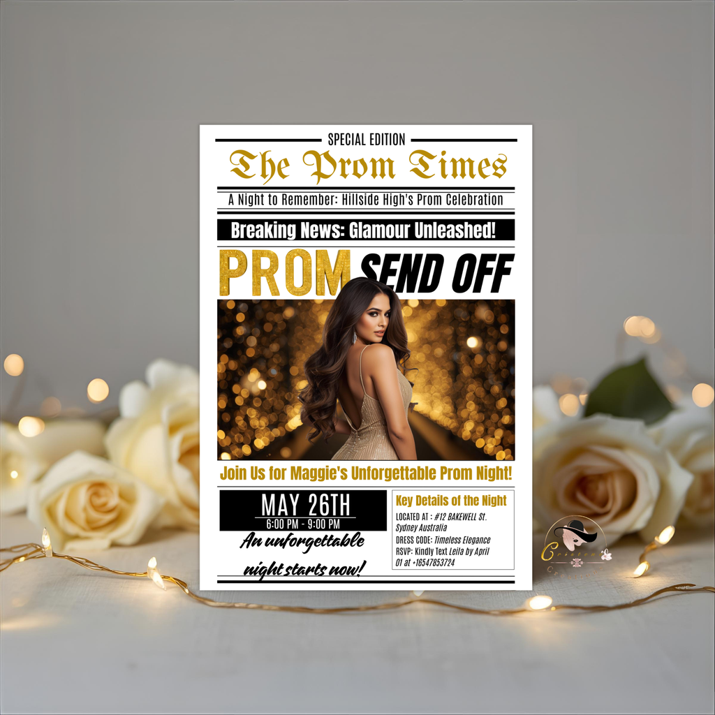 Newspaper Prom Send Off Invitation, Black Gold Prom Queen with photo invite, Teen Girl Prom Night Party Flyer, Digital Printable Template