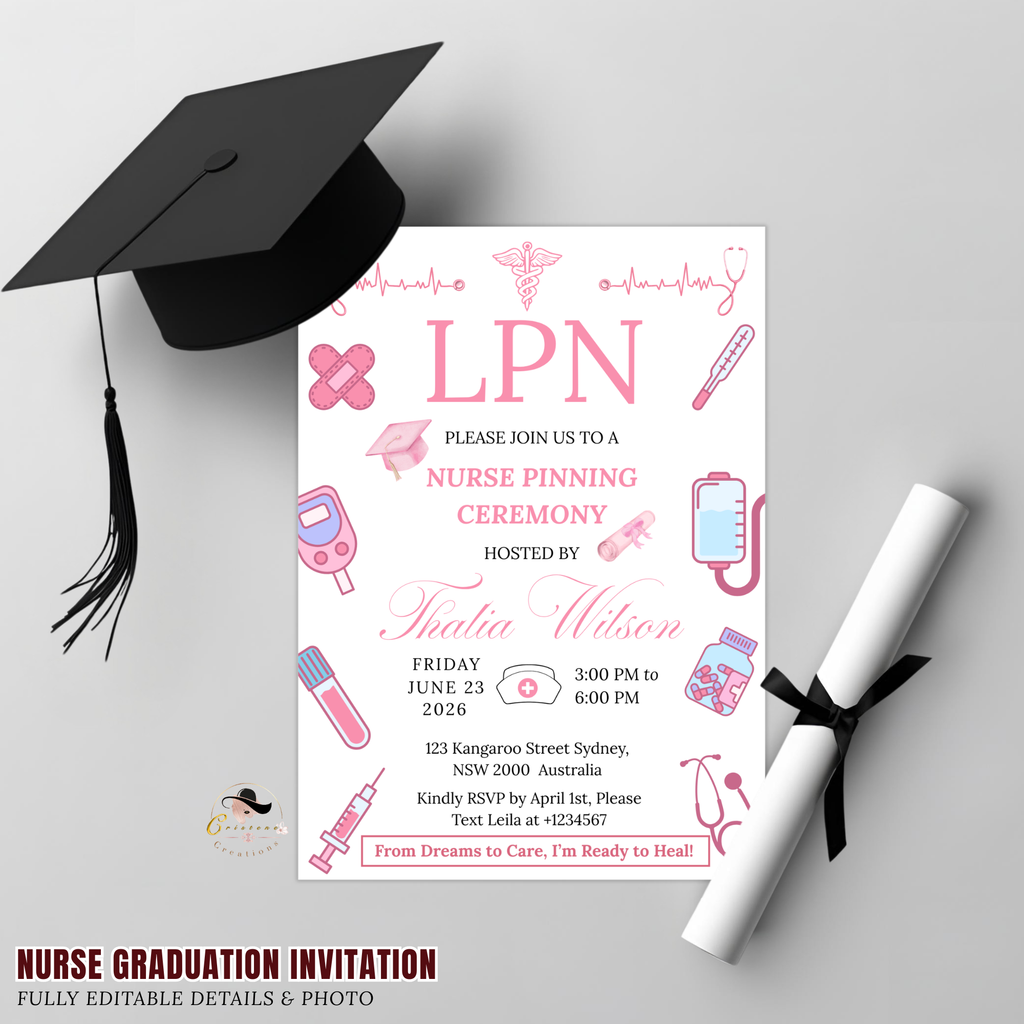 LPN Nurse Graduation Invitation, Pink Pinning Ceremony Party Invite, Nursing Flyer Invite, Editable Canva Printable Template