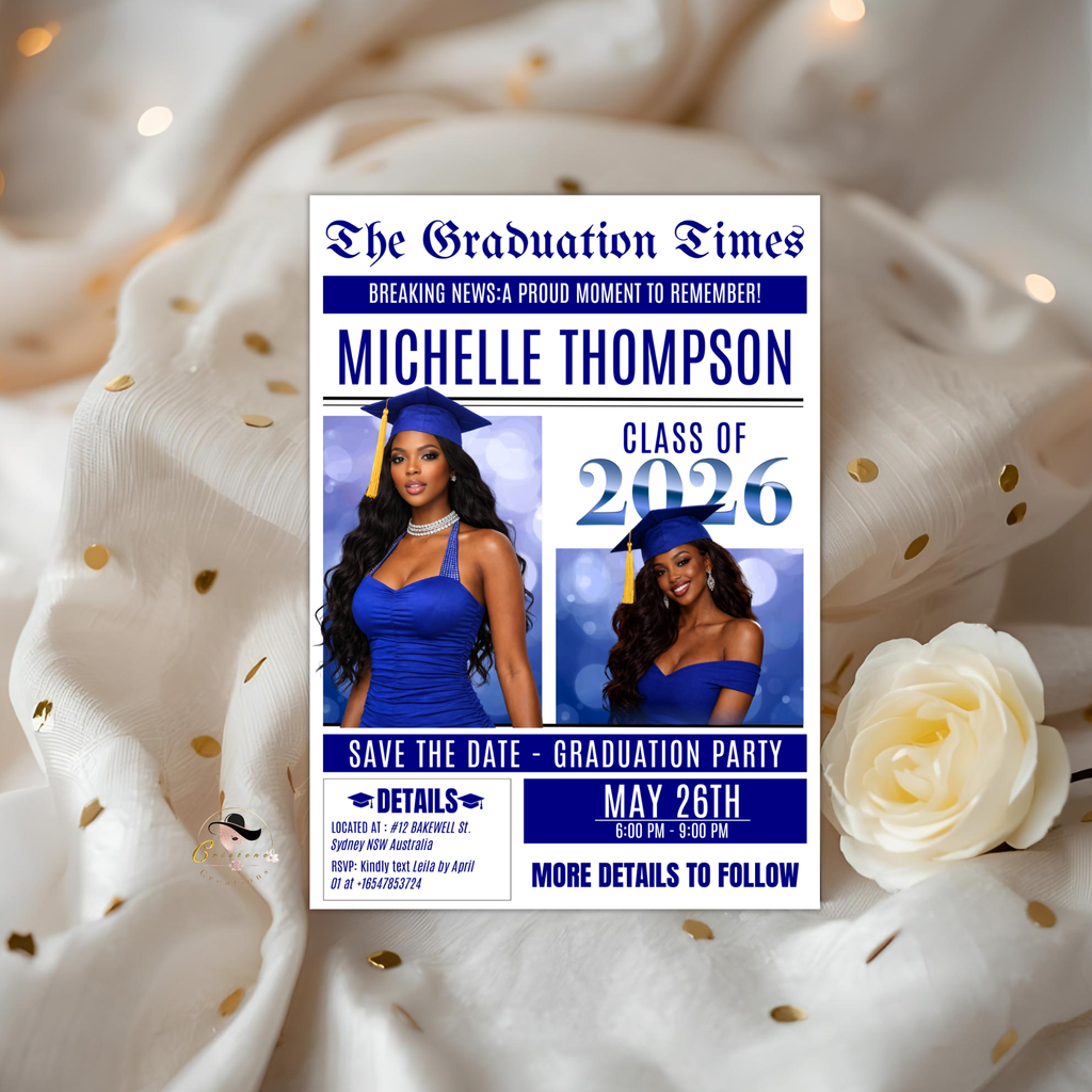 Blue Newspaper Graduation Save the Date Invitation with Photo, Senior Grad Party Invite, Class 2026 Boy Girl, Digital Printable Template