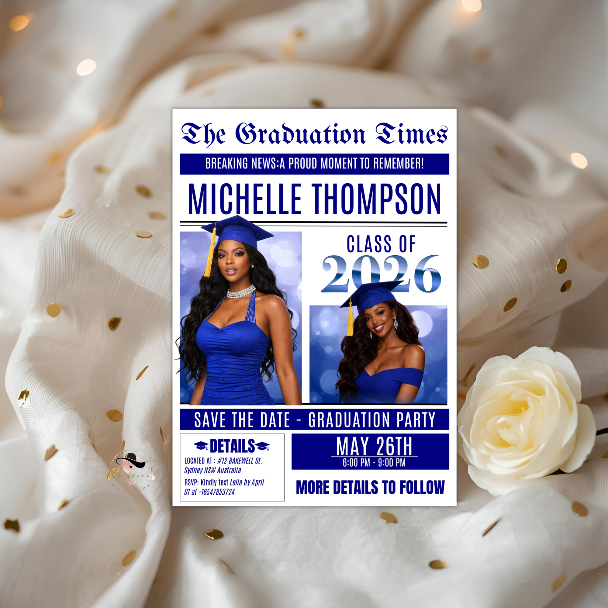 Blue Newspaper Graduation Save the Date Invitation with Photo, Senior Grad Party Invite, Class 2026 Boy Girl, Digital Printable Template