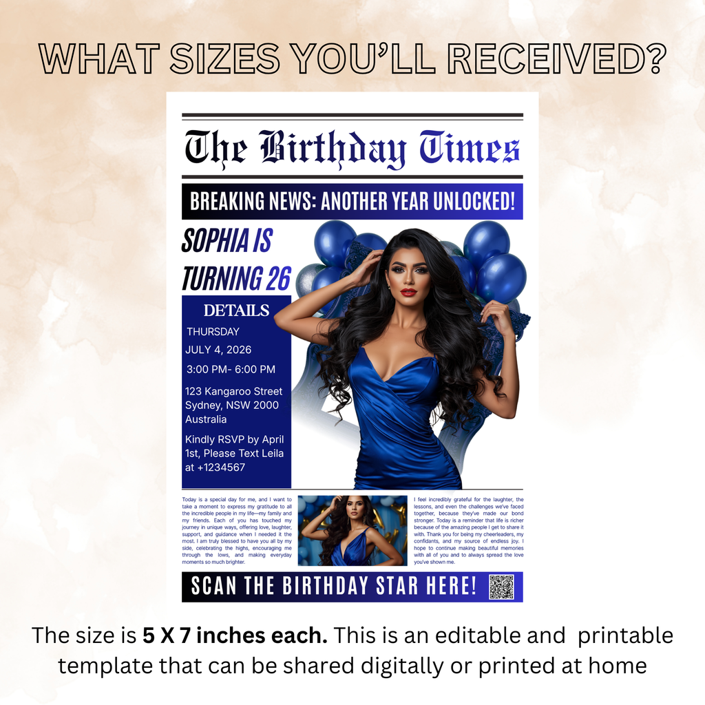 Birthday Newspaper Invitation with Photo, Elegant Dinner Party & Brunch Celebration Invite For Him and Her, Blue Editable Canva Template