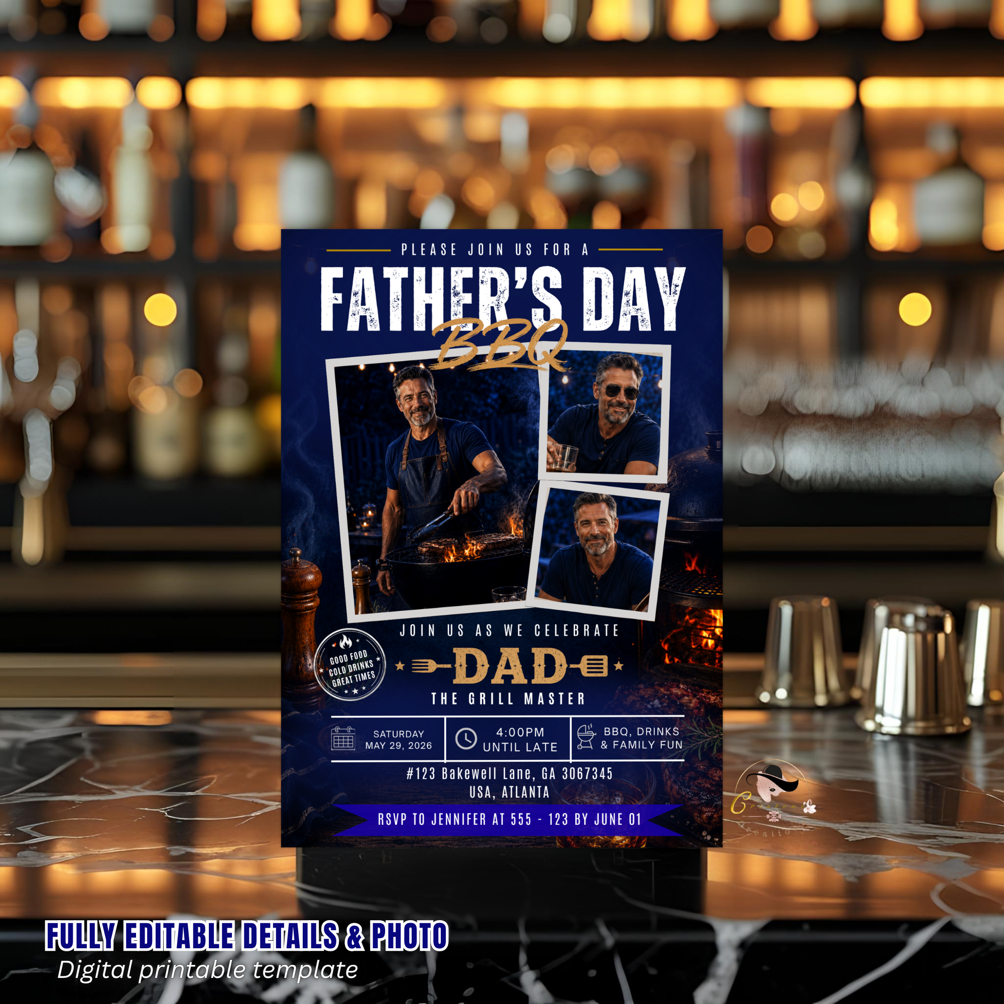 Blue Father’s Day Barbecue Invitation with Photo, Grill Party Invite for Dad, Summer BBQ Cookout Invite, Editable Printable Canva Template