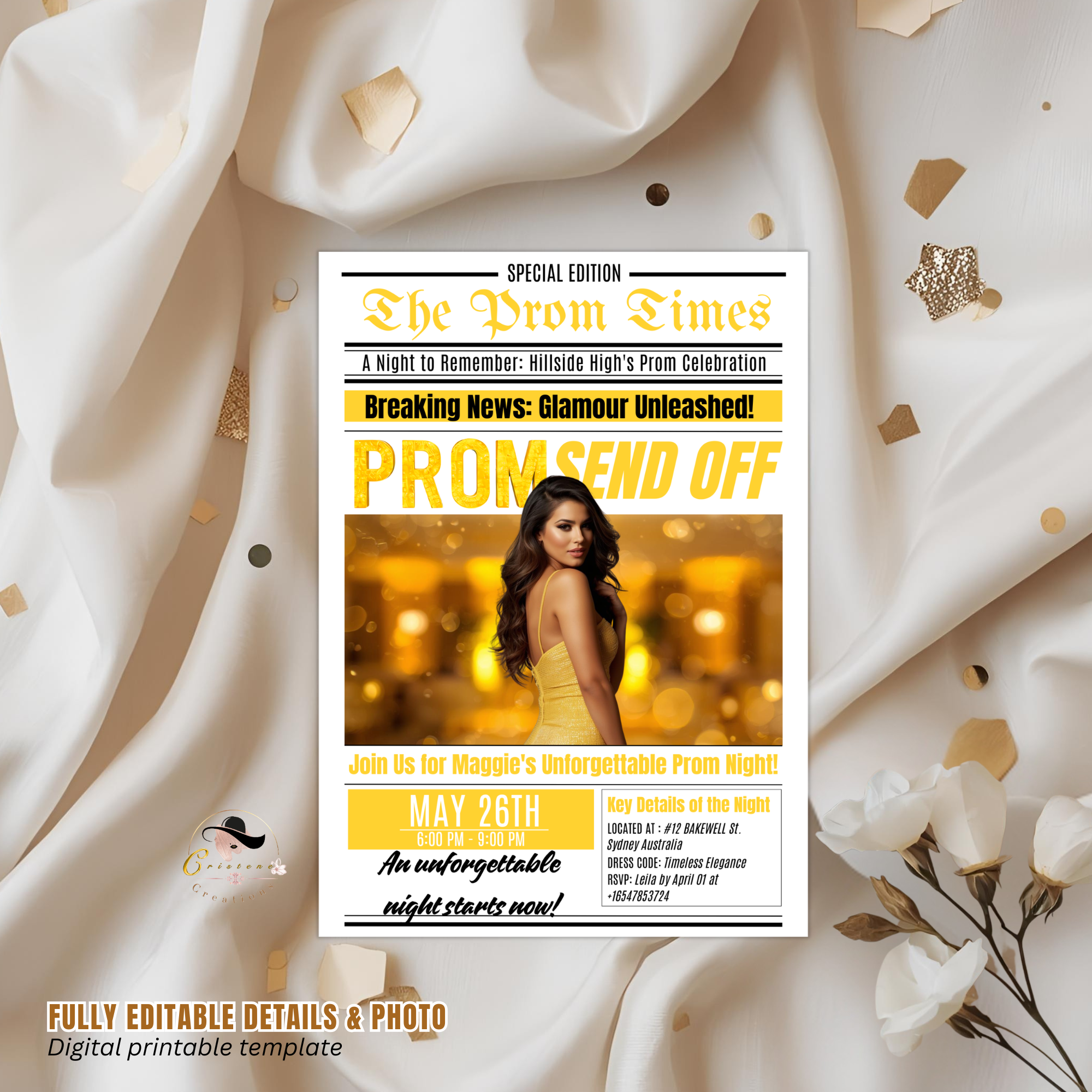 Yellow Newspaper Prom Send Off Party Invitation, Prom Queen with photo invite, Teen Boy Prom Night Flyer Card, Digital Printable Template