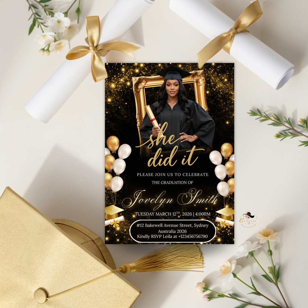 Black Gold Graduation Announcement Invitation, She Did It invite, Senior Grad Party with photo invite, Digital Printable Template