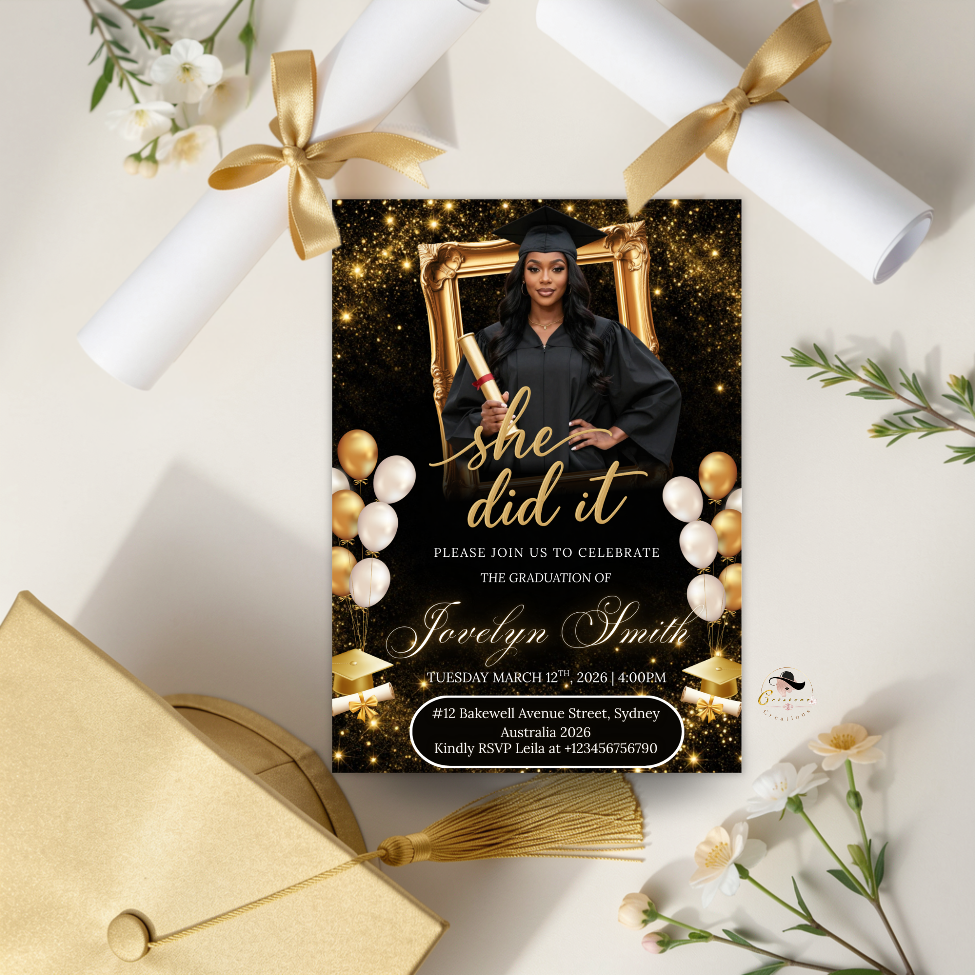 Black Gold Graduation Announcement Invitation, She Did It invite, Senior Grad Party with photo invite, Digital Printable Template