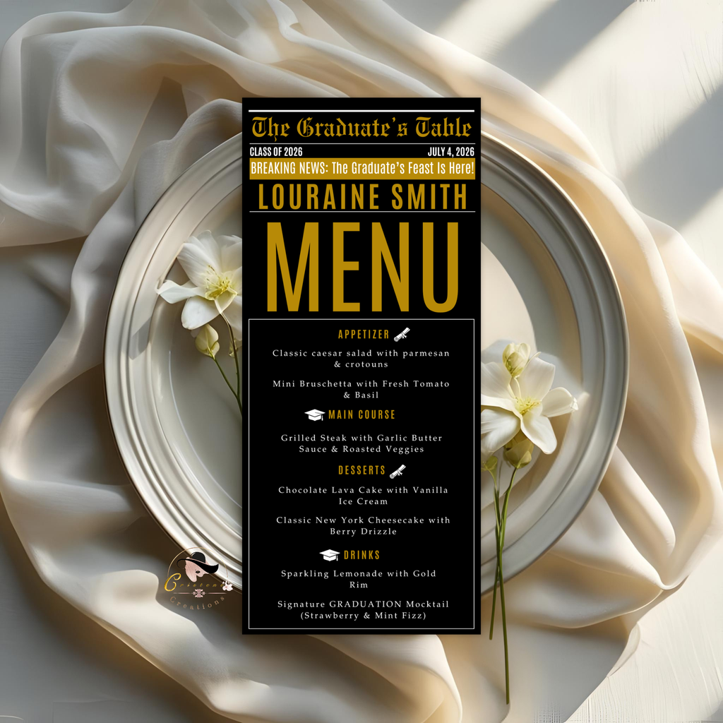 Black Gold Graduation Newspaper Menu, Class of 2026 Dinner Brunch Menu Template, Printable for Him and Her High School College Menu Card