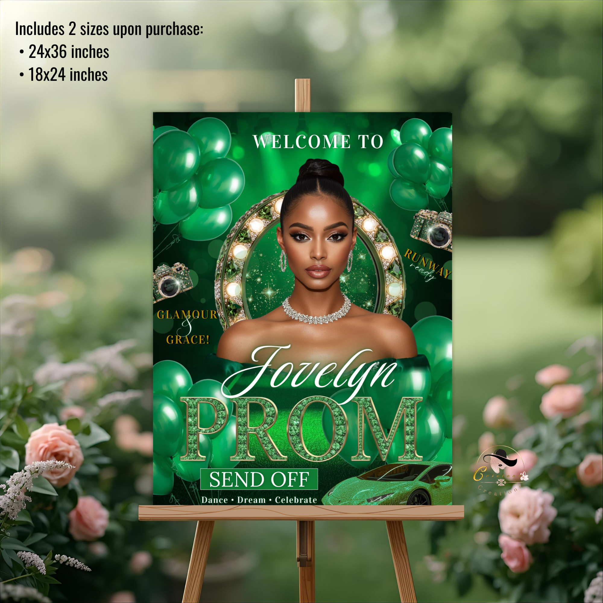 Green Prom Send Off Welcome Party Sign, Prom Queen Poster Sign with photo, Elegant Party Board Sign, Glam Hollywood Theme Printable Template