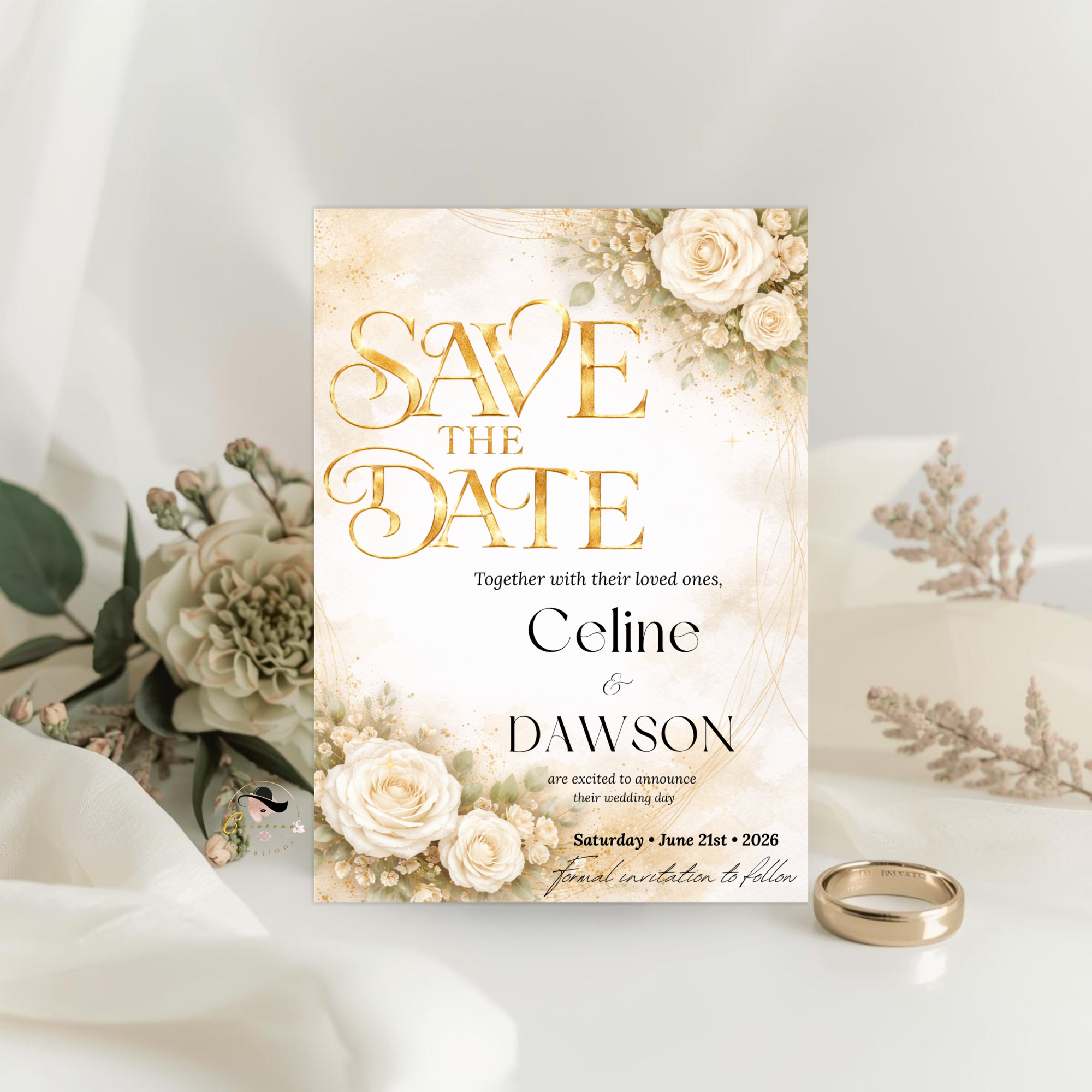 Floral Wedding Save the Date Invitation, White Gold Save Date Party Invite, Elegant Wedding Announcement, Printable Canva Template