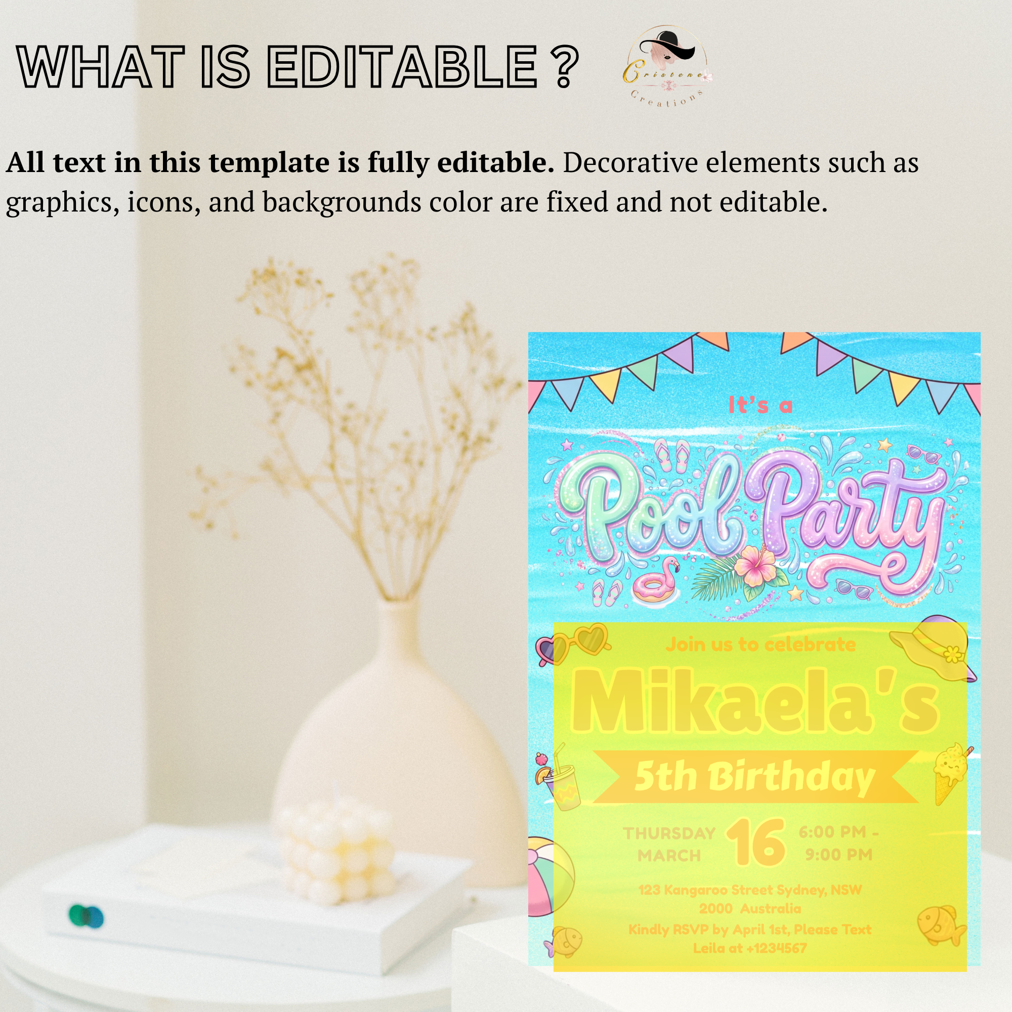 Pool Party Birthday Invitation for Girl, Kids Summer Beach Party Invite, Aloha Luau Invite, Printable Digital Editable Canva Template
