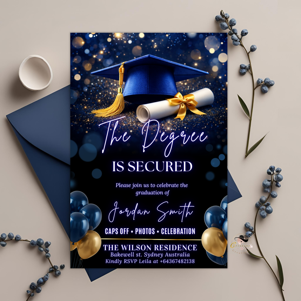 Graduation Announcement Invitation, Senior Grad Party invite, Class of 2026, Boy Girl Flyer Card, Blue Gold Digital Printable Template