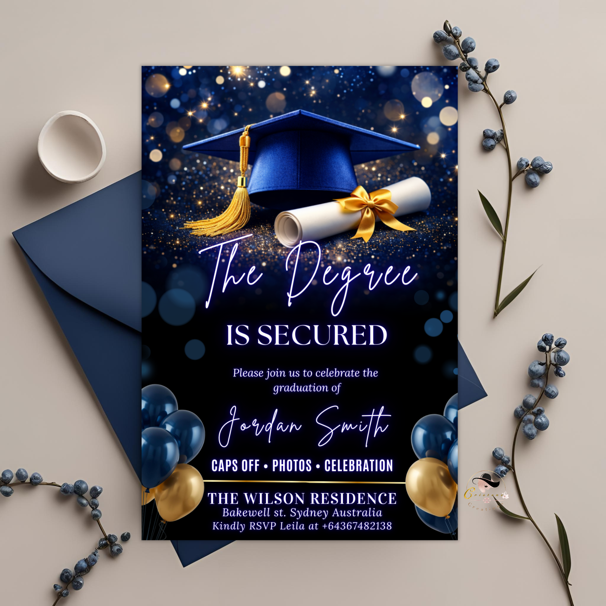 Graduation Announcement Invitation, Senior Grad Party invite, Class of 2026, Boy Girl Flyer Card, Blue Gold Digital Printable Template