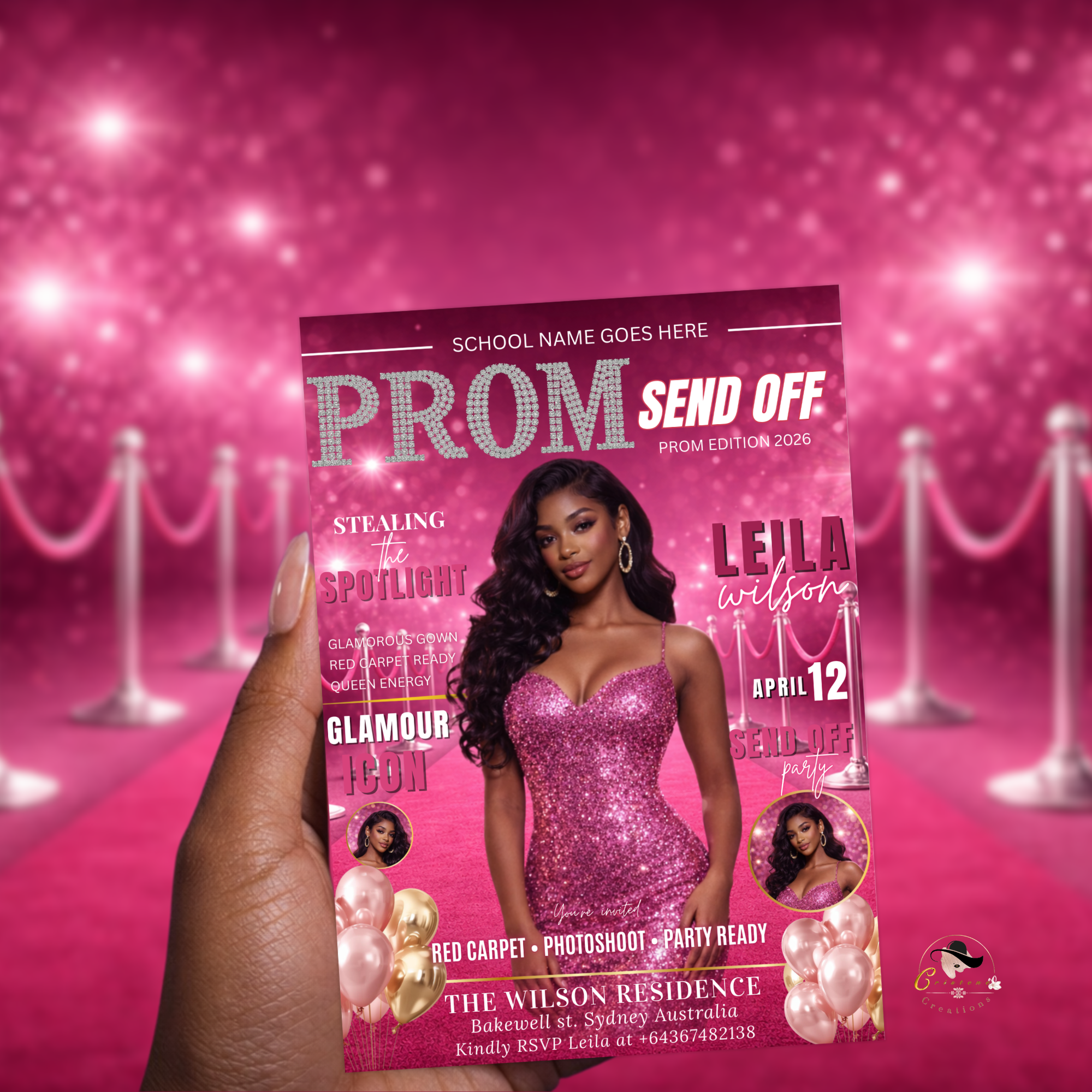 Pink Prom Send Off Party Invitation, Prom Queen with photo invite, Girls Prom Night Flyer, Glam Magazine Cover, Digital Printable Template