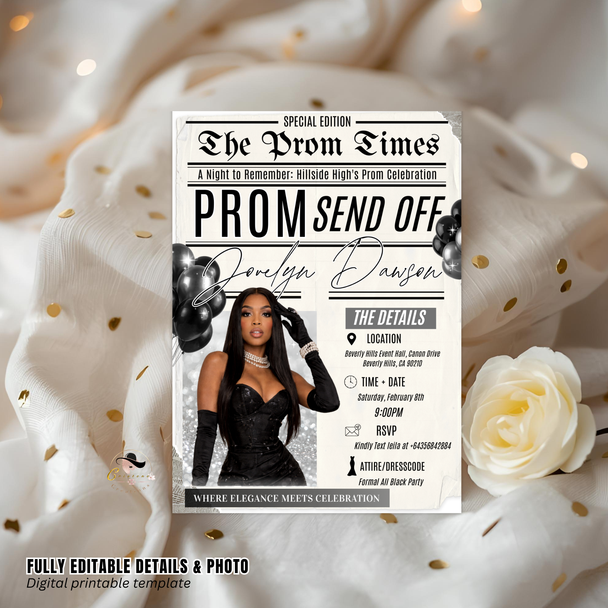 Newspaper Prom Send Off Party Invitation, Black Silver Prom Queen with photo invite, Girl Prom Night Flyer Card, Digital Printable Template