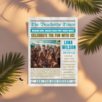 Newspaper Beach Party Invitation with Photo, Tropical Summer Birthday Invite, Adult Beach Celebration, Printable Editable Canva Template