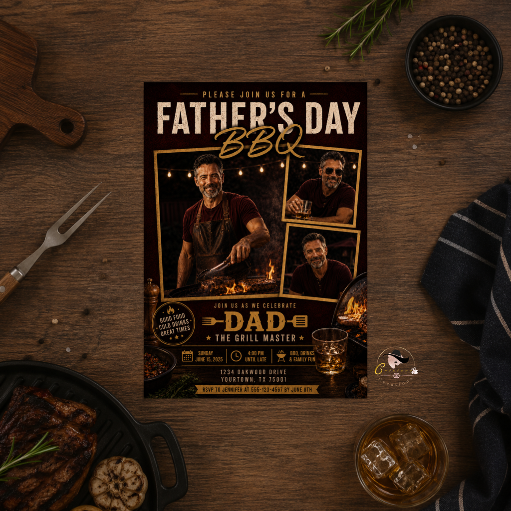 Red Father's Day BBQ Invitation with Photo, Backyard Barbecue Party Invite for Dad Summer Grill Cookout, Editable Digital Printable Template